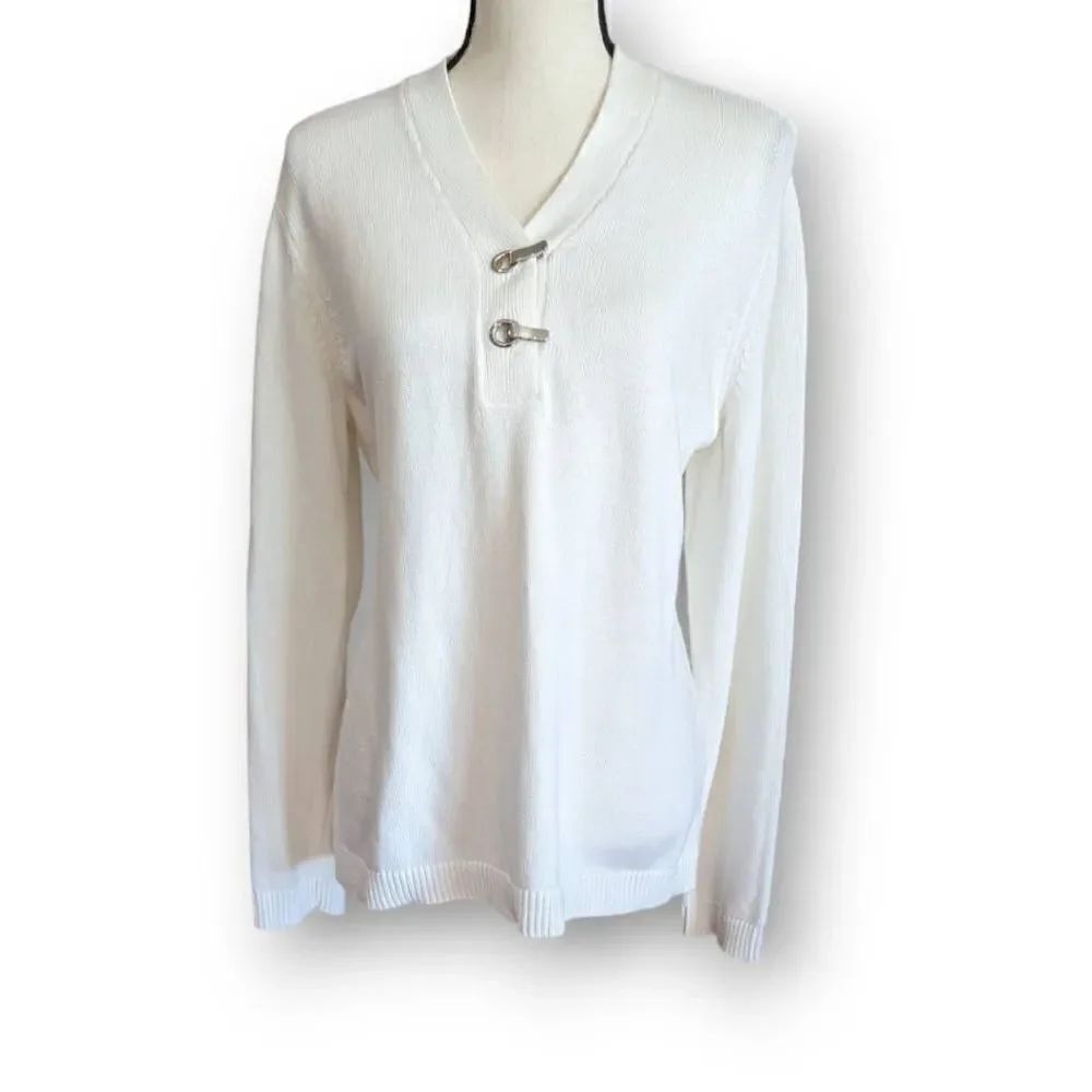 Karen Scott Womens Sweater Hardware Hanley Soft Knit Long Sleeve White Large